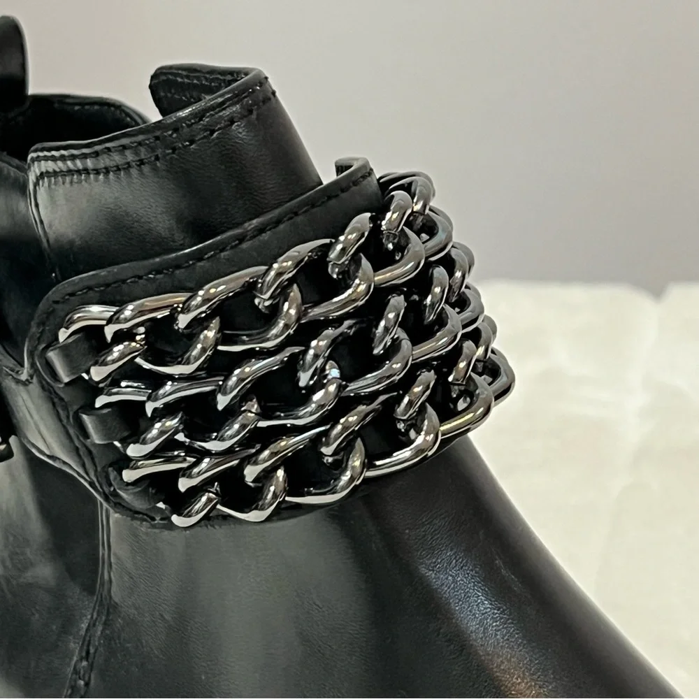 NEW Tory Burch BLOOMFIELD Gunmetal Chain Embellished Black Leather Bootie